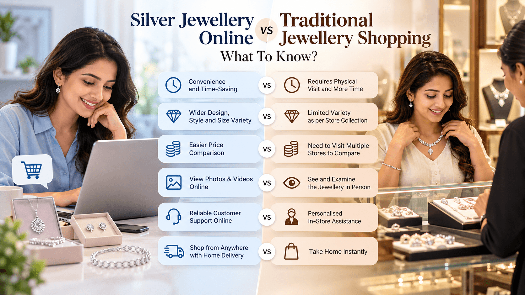 Silver jewellery online vs traditional jewellery shopping infographic comparing convenience, design variety, price comparison, product inspection, customer support, and delivery options.